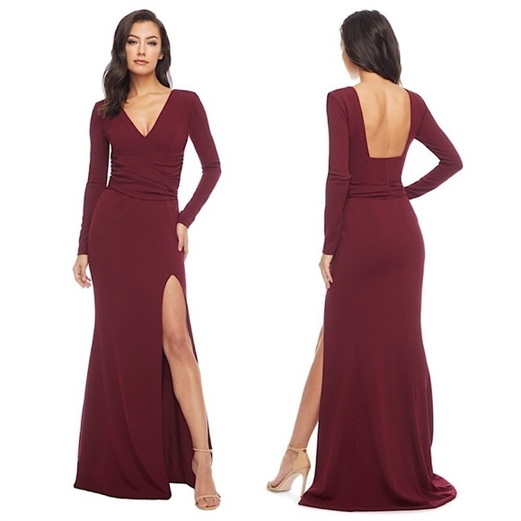 Dress‎ The Population Carmen Long Sleeve Trumpet Maxi Gown Dress Burgundy XS - Picture 1 of 12